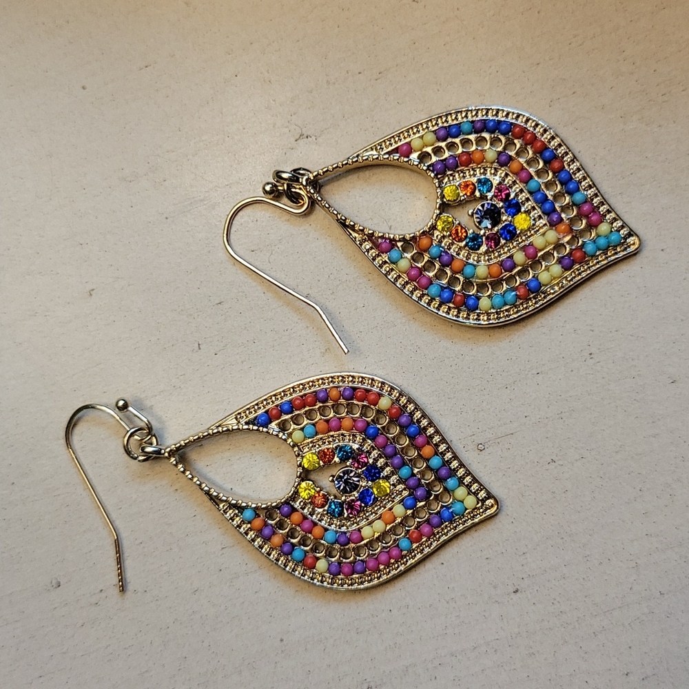 14k Gold Multicolor Beaded Chic Teardrop Dangle Earrings - Picture 4 of 5